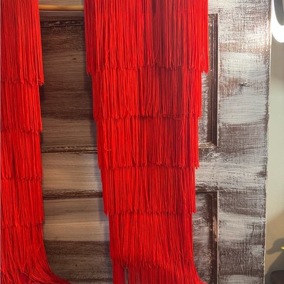 Red Fringe Over-the-Knee Heeled Boots - Picture 2 of 9